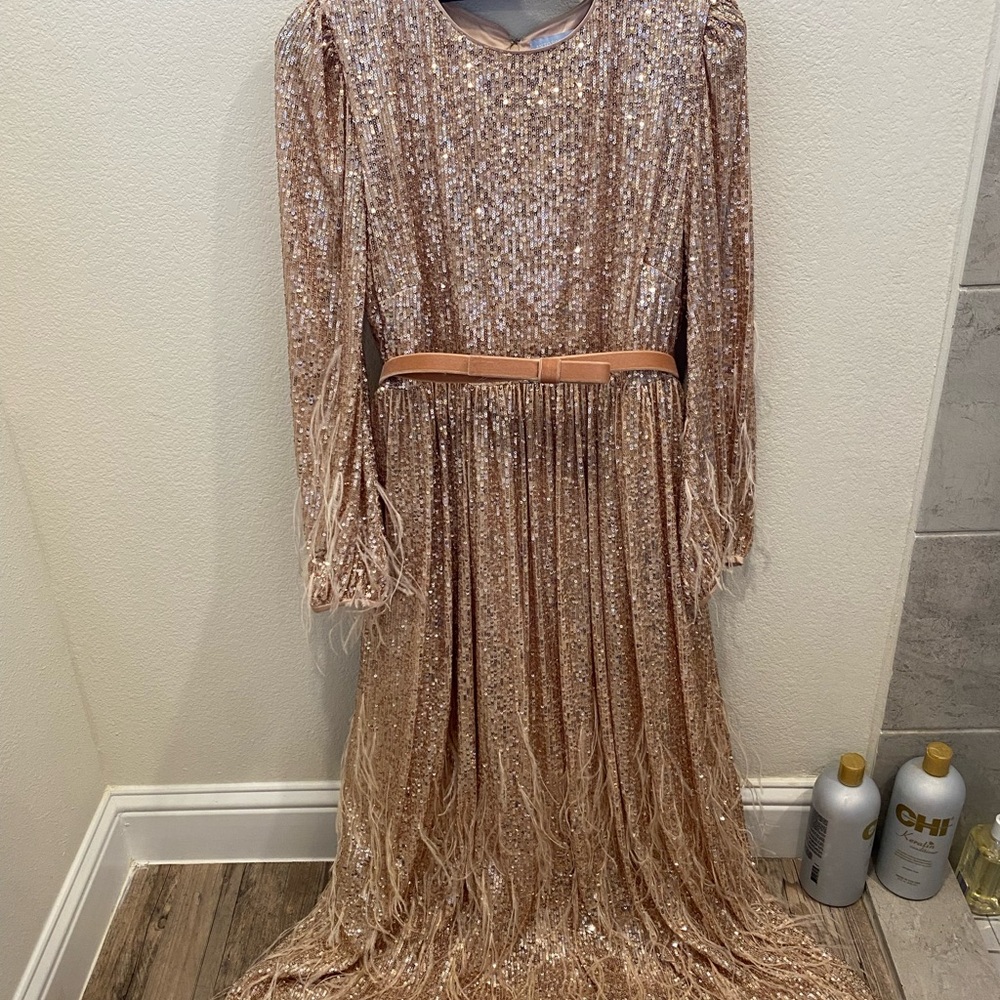 Antonio Milani Nicola Bathie Sequin Feather Dress. Size 12. Rose gold.